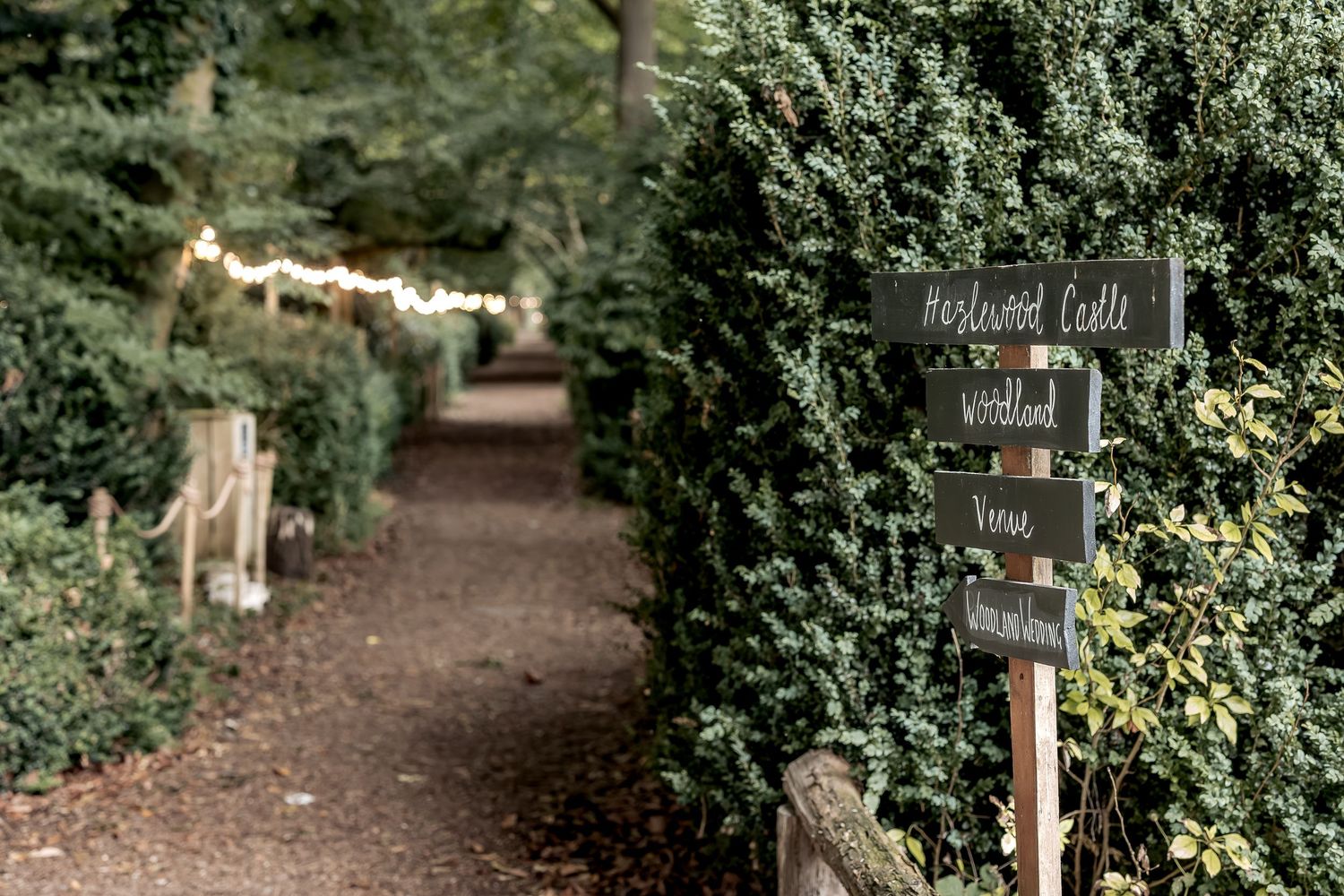 A wooden directional trail sign post stands along a shaded dirt path bordered by lush green hedges and foliage.