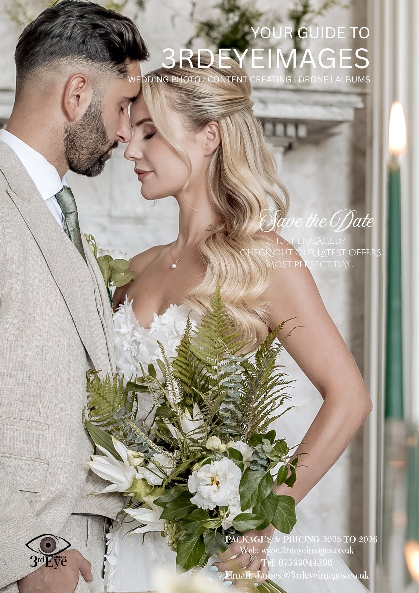 Wedding couple embraces while holding elegant green and white fern bouquet against light architectural backdrop. Front cover guide