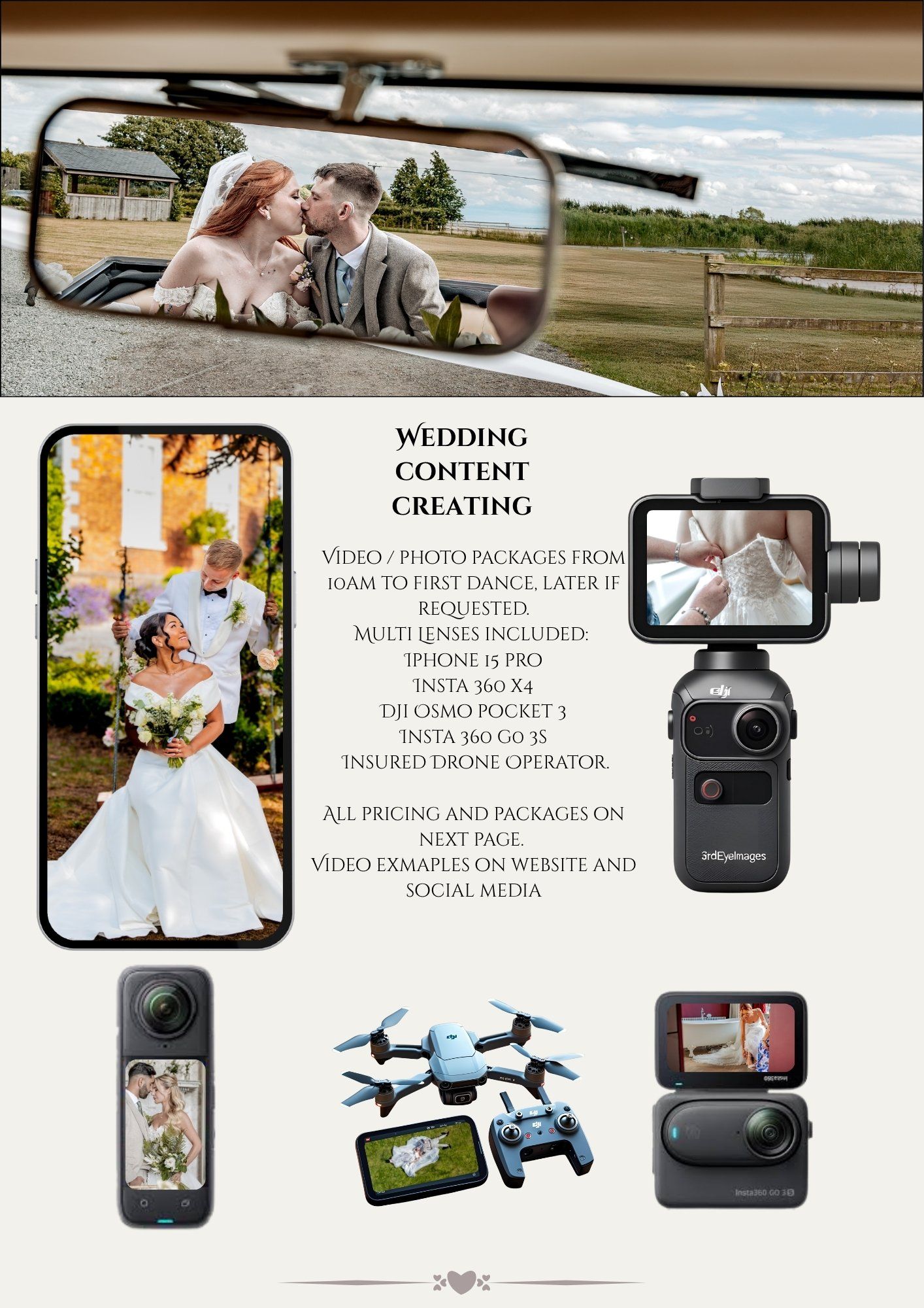 Advertisement for video and photo packages showing cameras, drones and mobile devices with sample images.