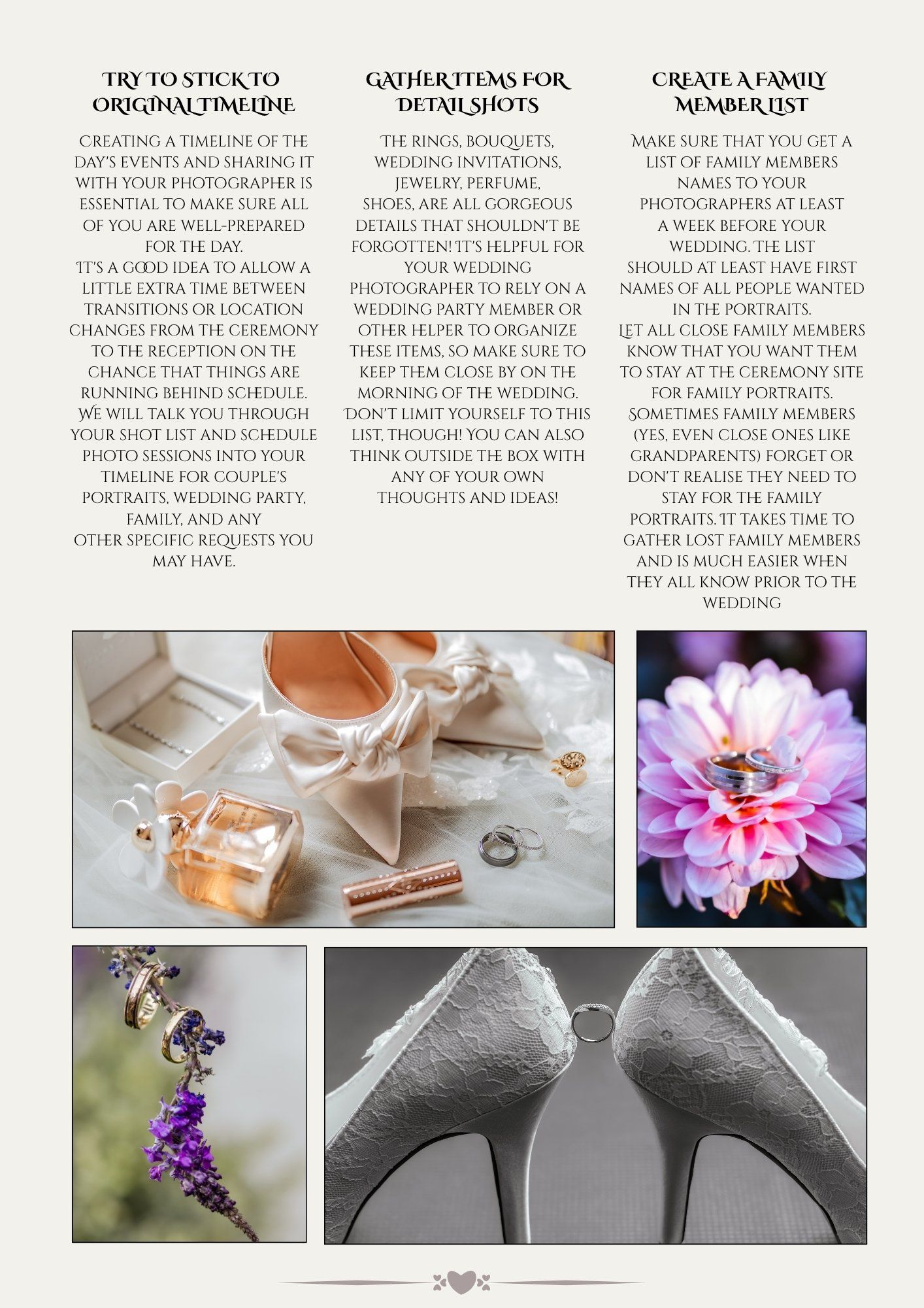 Wedding photography portfolio album layout with pink floral details and a gray bird sculpture in natural lighting.