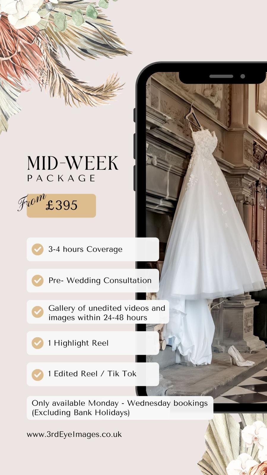 A white wedding dress hangs on display alongside promotional text describing midweek content creating package details and pricing.