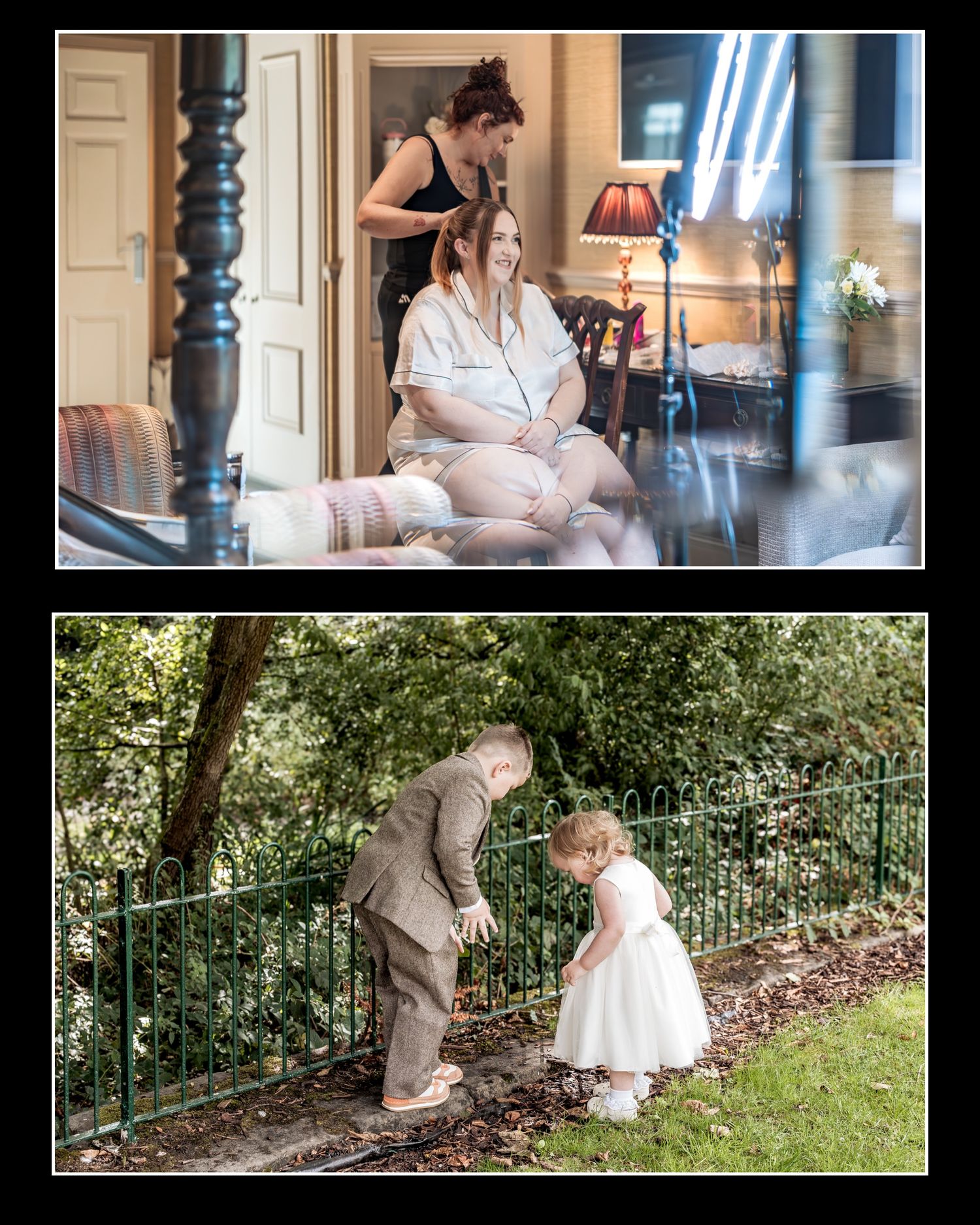 A series of intimate wedding photos showing tender moments between a couple in indoor and outdoor settings.