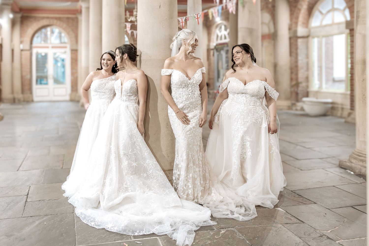 A collection of wedding portraits showing brides in white gowns posing in an elegant stone colonnade hallway.