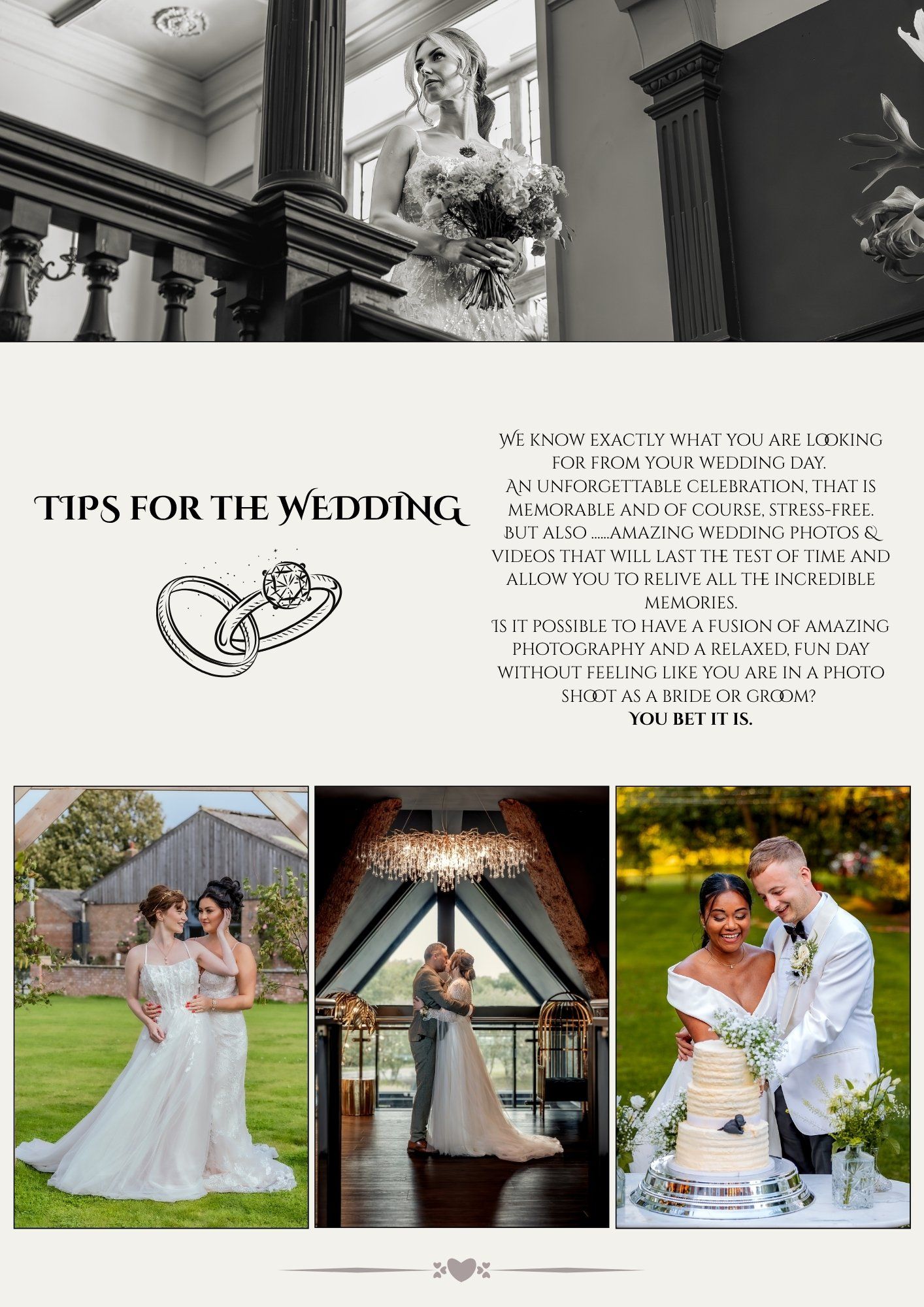 Wedding photo album layout shows multiple romantic outdoor and indoor couple portraits arranged in a collage format.