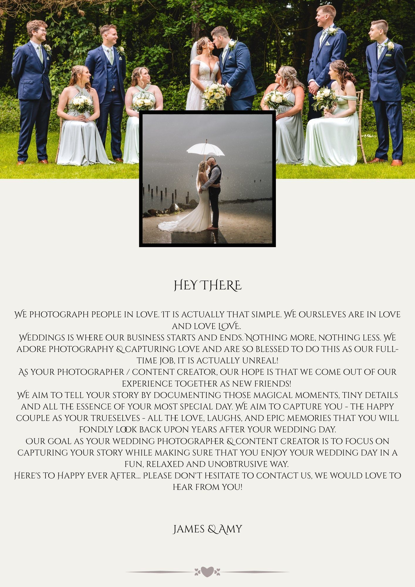 A wedding website header introducing the photographers with a group shot of a wedding party and a portrait of the photographers on their day