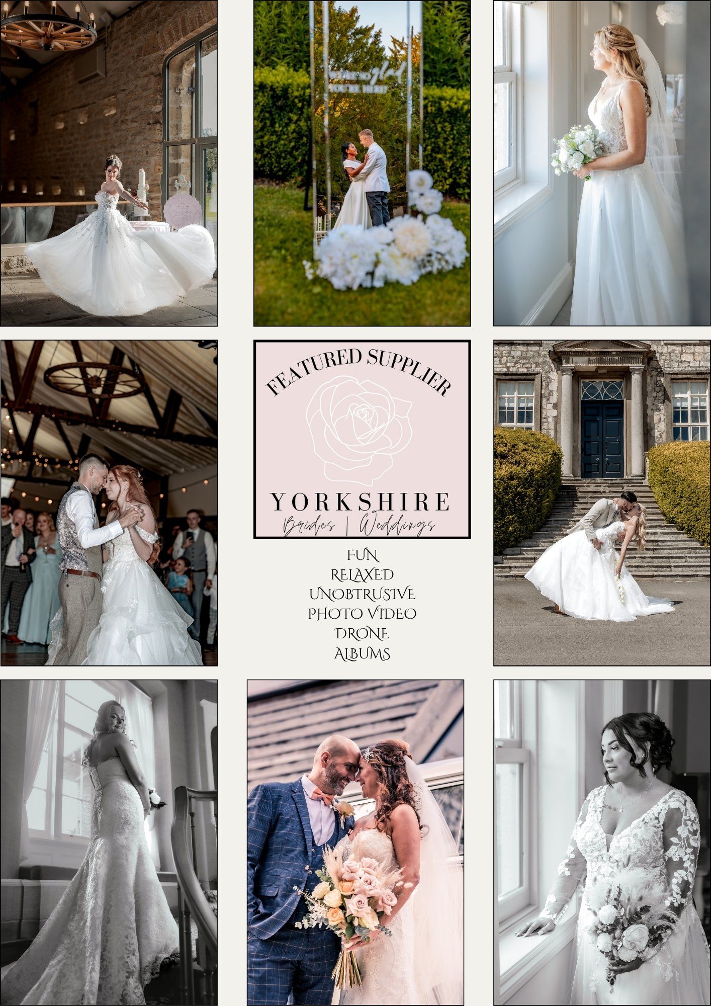Elegant bridal portraits showcase flowing white wedding gowns in romantic indoor and outdoor settings with classic architecture.