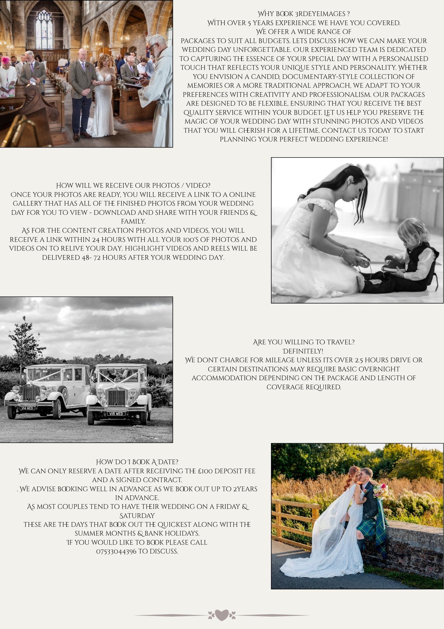 Multiple wedding images showcase a classic church interior, vintage car, and outdoor ceremony venue in a photo collage layout.