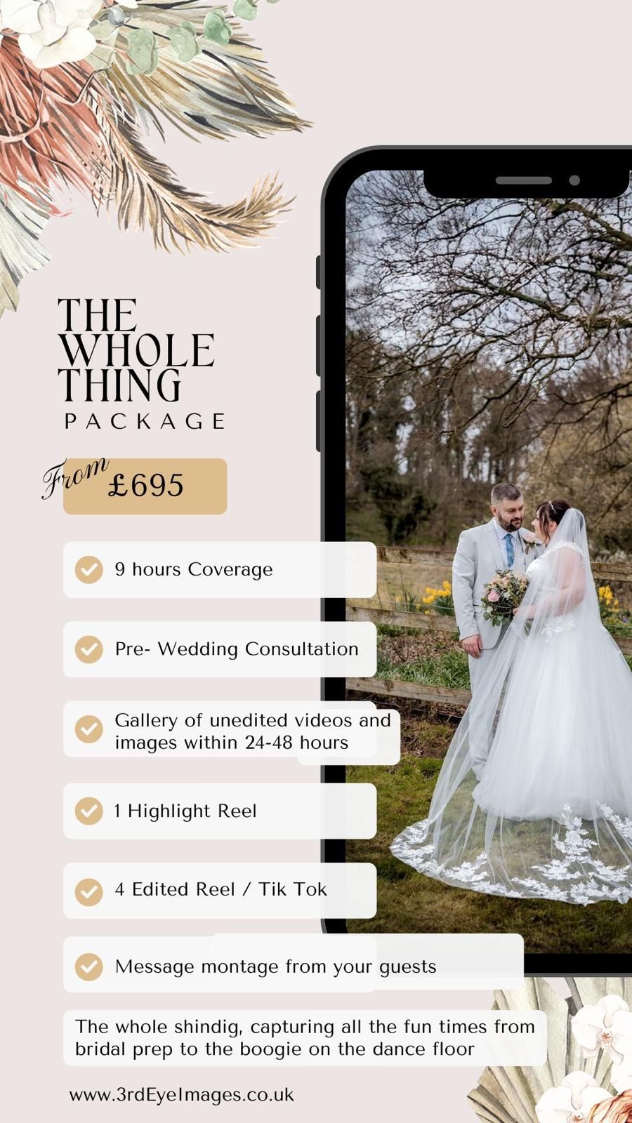 Wedding content creating package advertisement showcasing pricing and services with floral accents and sample imagery.