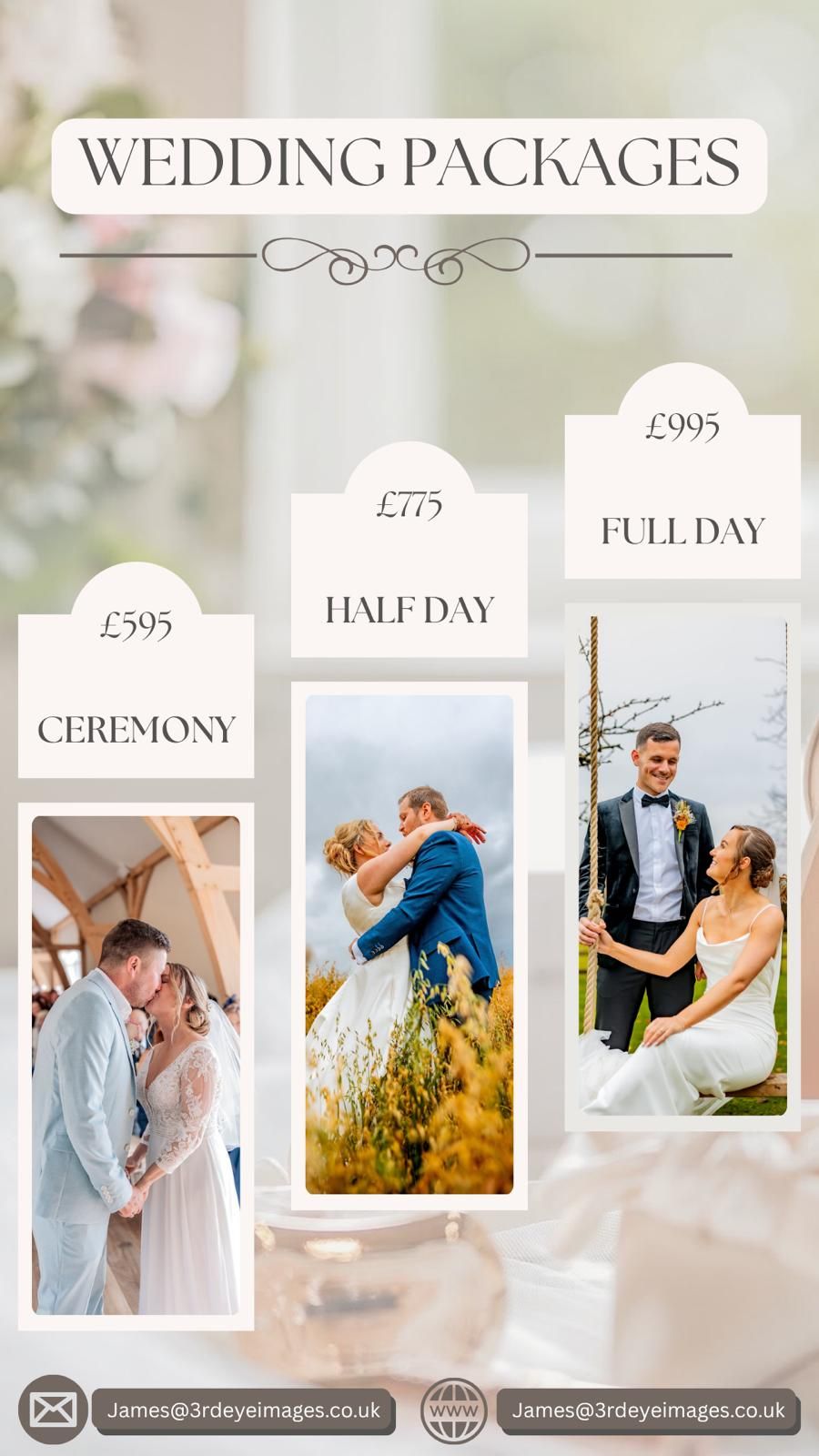Wedding photography packages price list showing ceremony, half day and full day options with sample photos and pricing in pounds.