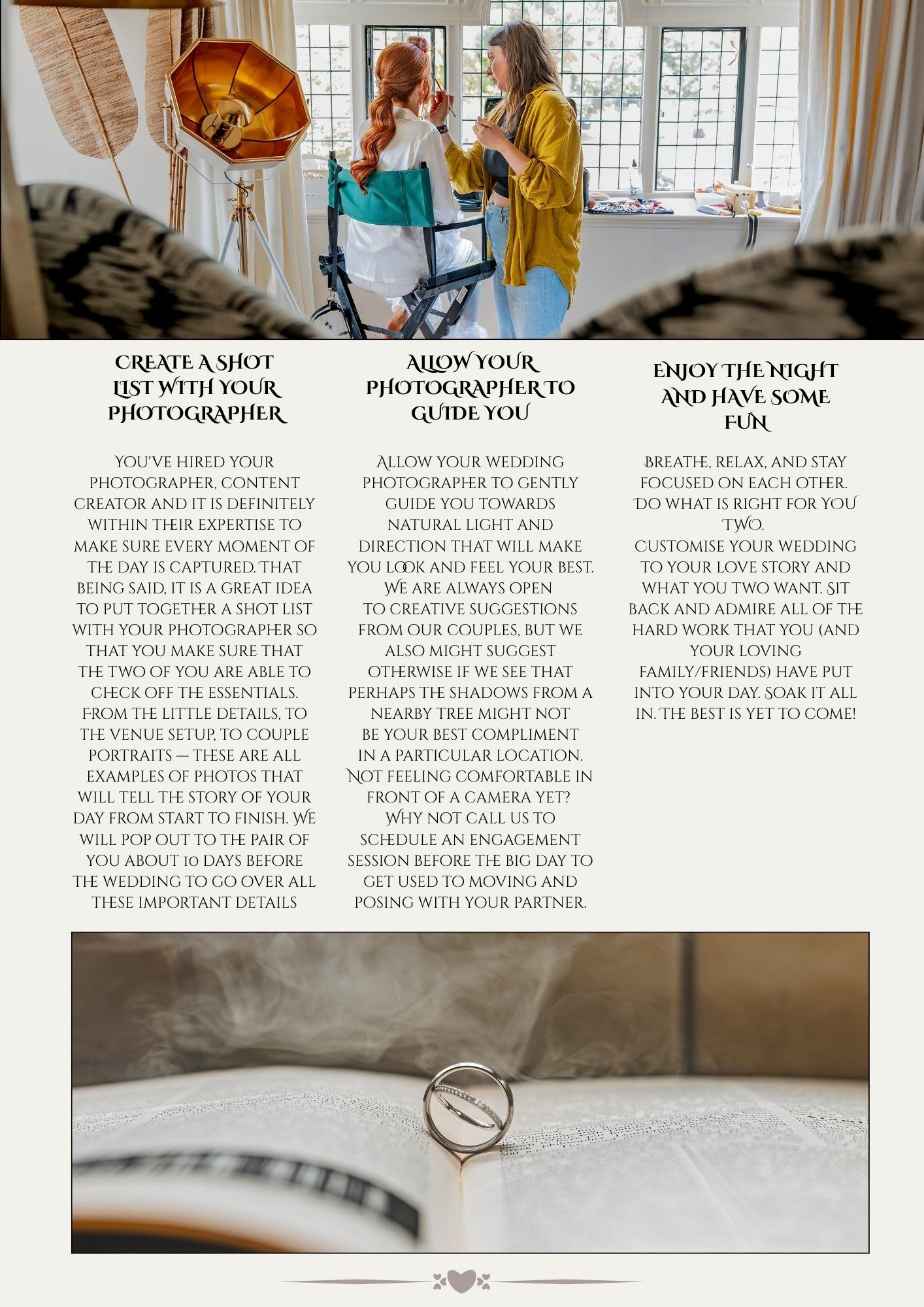 Wedding photography tips displayed on a modern layout with text overlays and a decorative compass detail at bottom.