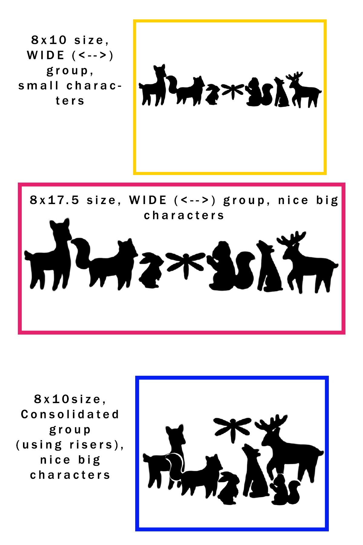 Silhouette designs showing groups of cats, dogs, and dragonflies arranged in various compositions for wall art displays.