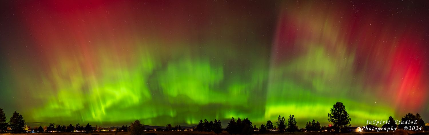Vibrant aurora borealis lights dance across the night sky in shades of red and green above a dark treeline silhouette.