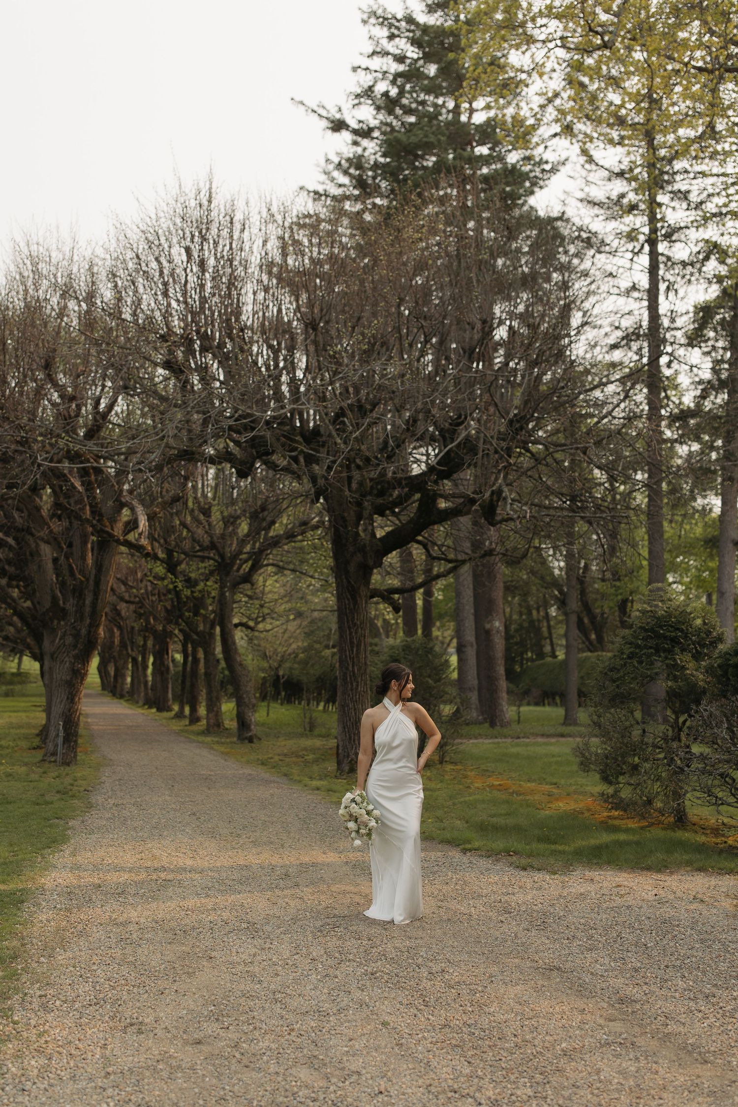 A series of outdoor photos showing a tree-lined path with someone in a white dress walking through a natural setting.
