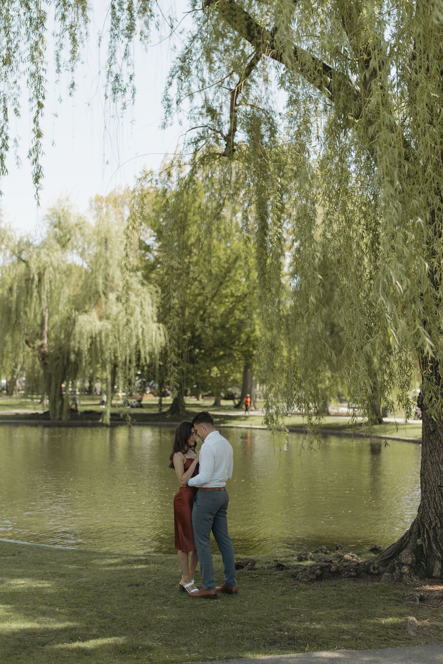 A couple embraces under a weeping willow tree beside a tranquil pond in a serene park setting.