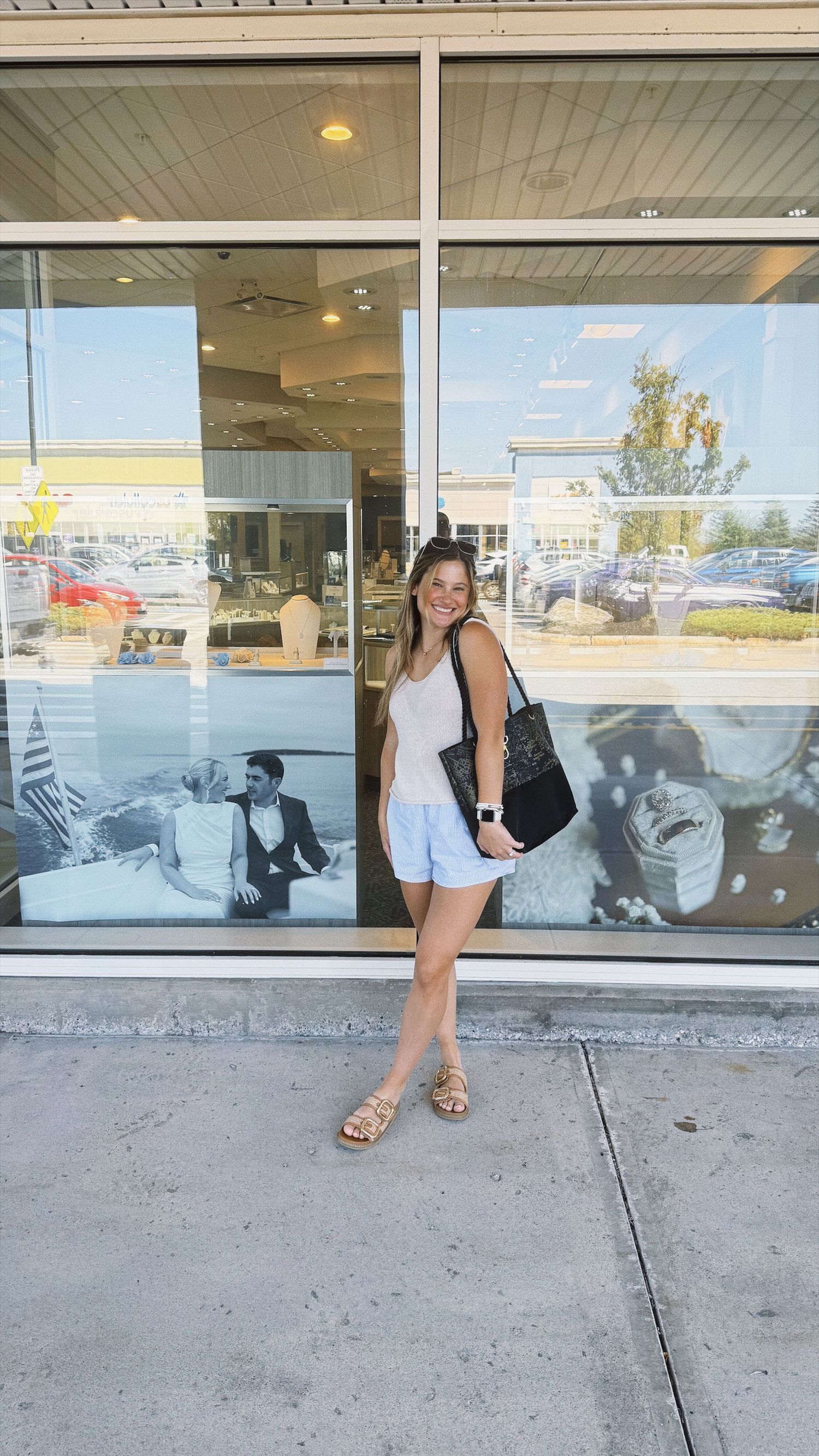 Sequential photos of someone interacting with a storefront window display.
