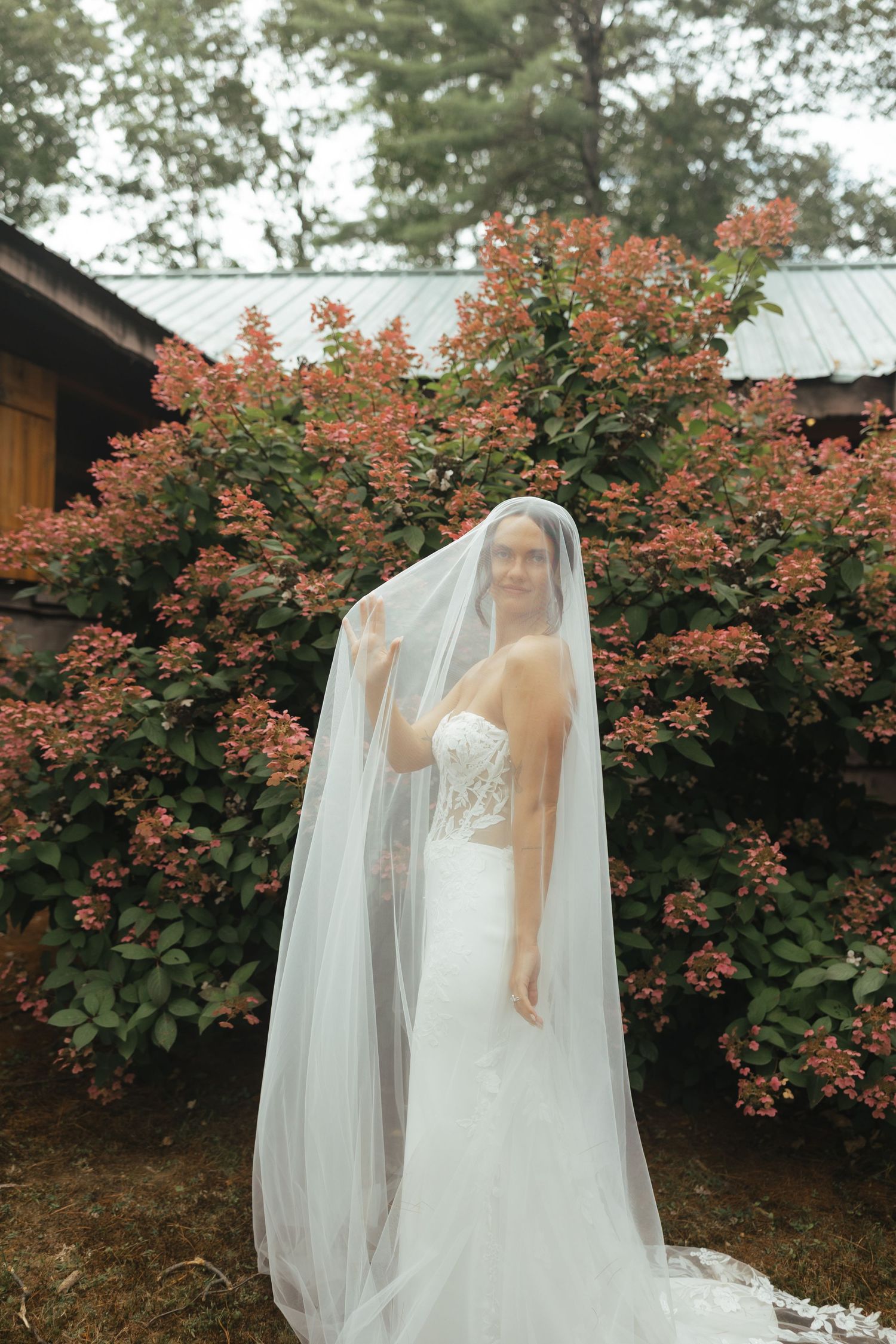 A bride in a flowing white wedding dress and veil poses in front of blooming red autumn bushes in an outdoor setting.