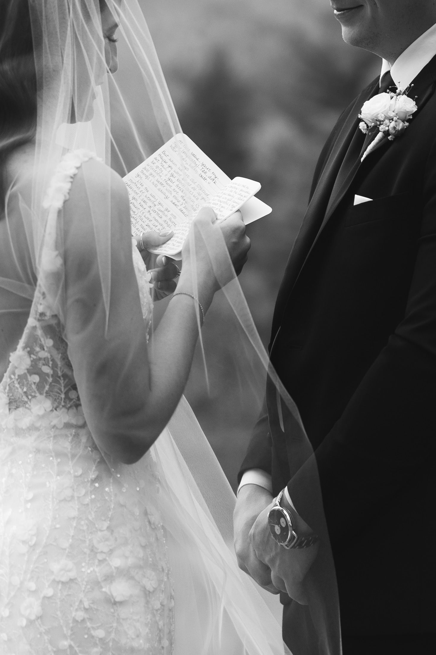 Black and white wedding ceremony photos showing couple exchanging vows with prayer books and veils.