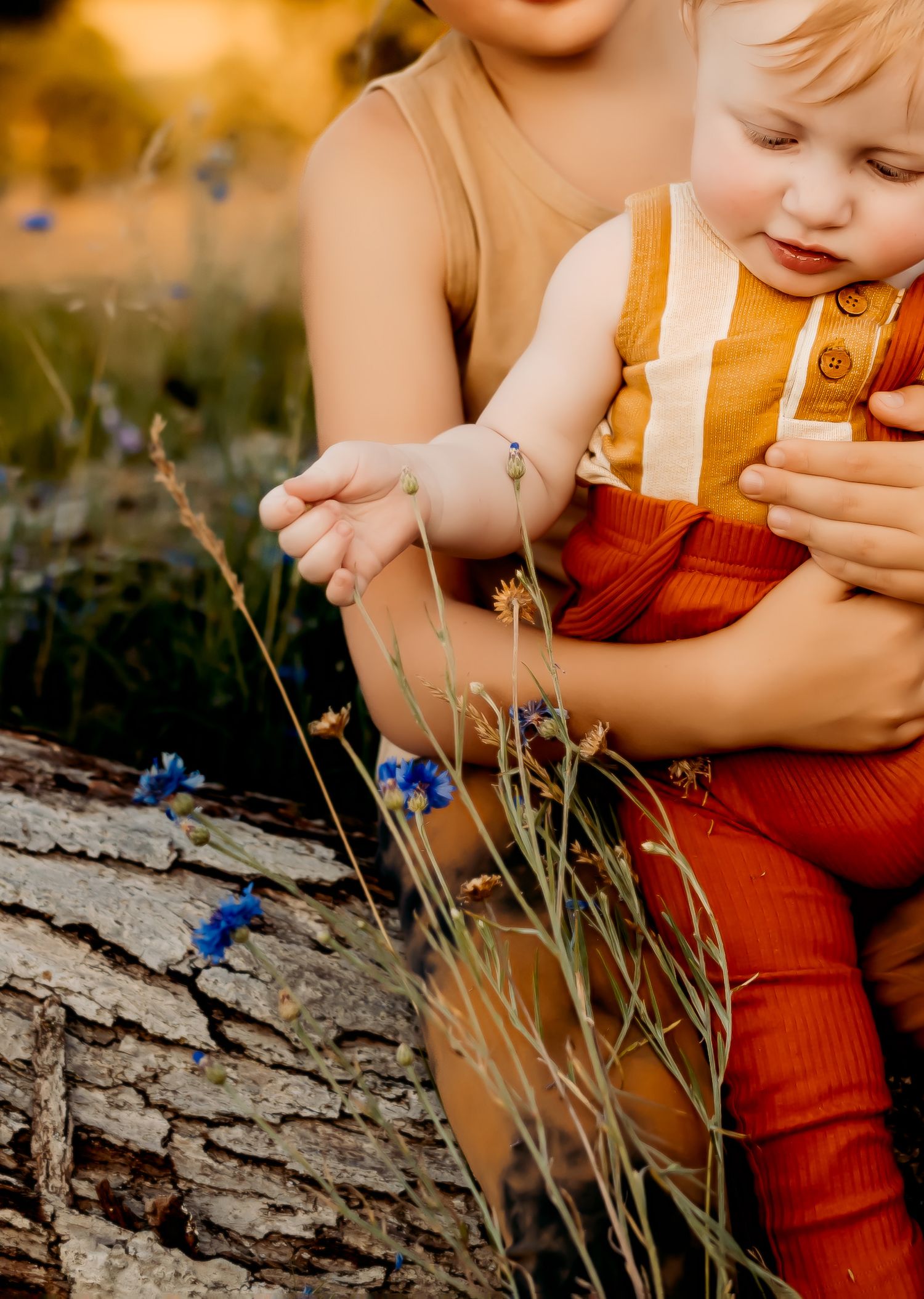 Small hands gently touch delicate blue flowers growing near rustic tree bark.