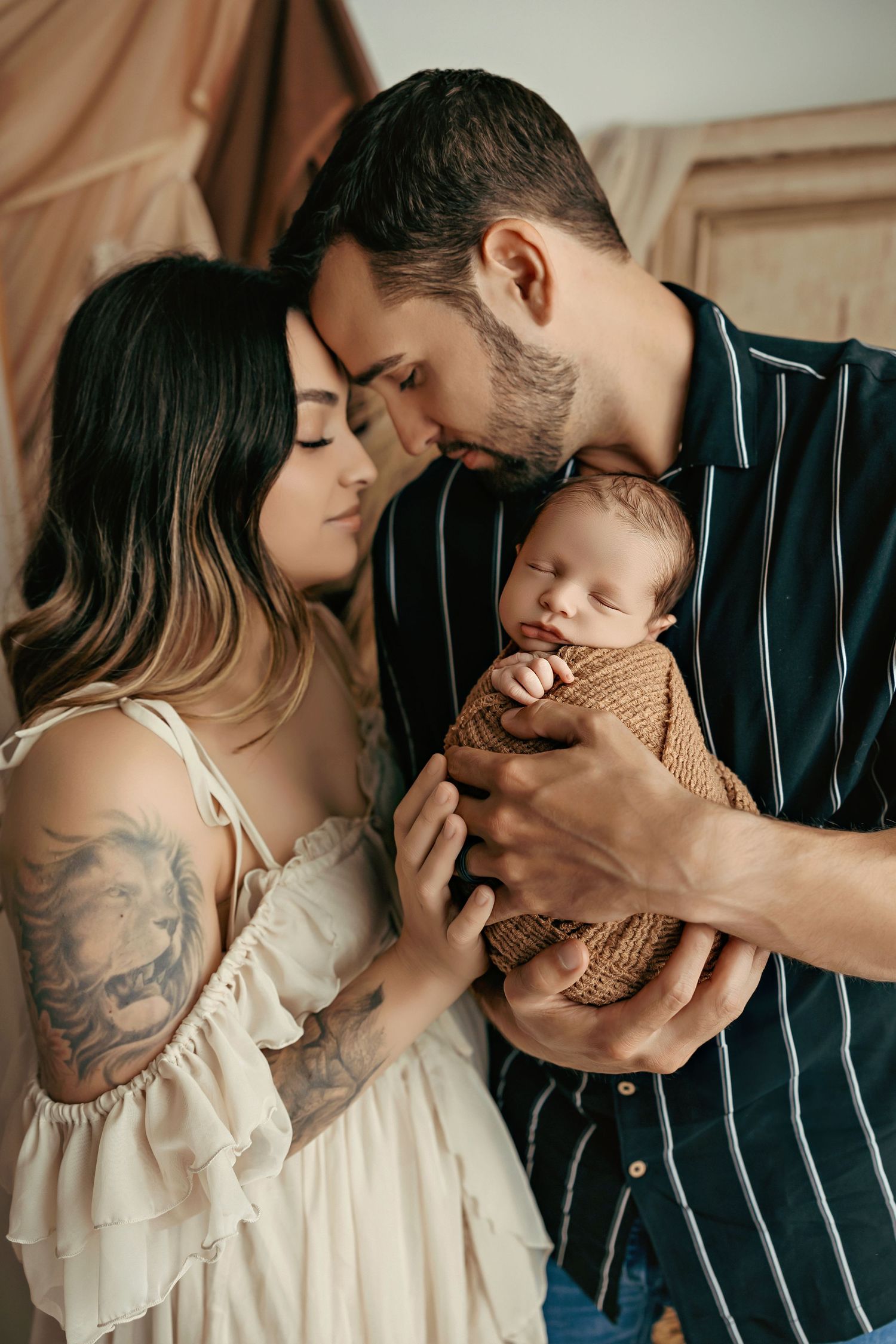 A romantic couple in vintage-inspired clothing share intimate moments in a series of connected artistic photographs.