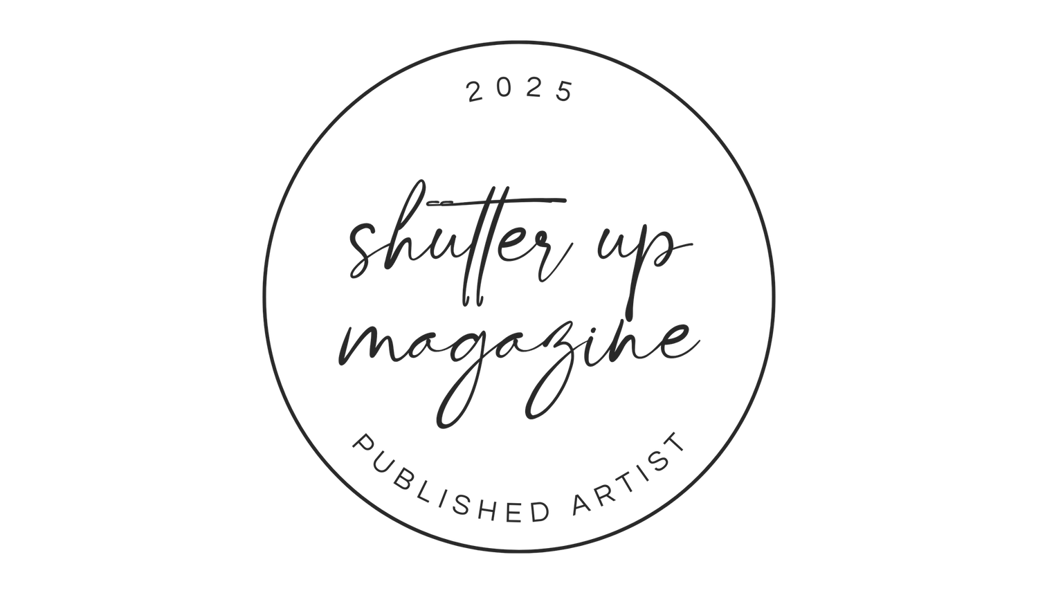 Black circular logo for Shutter Up Magazine published artist 2024.