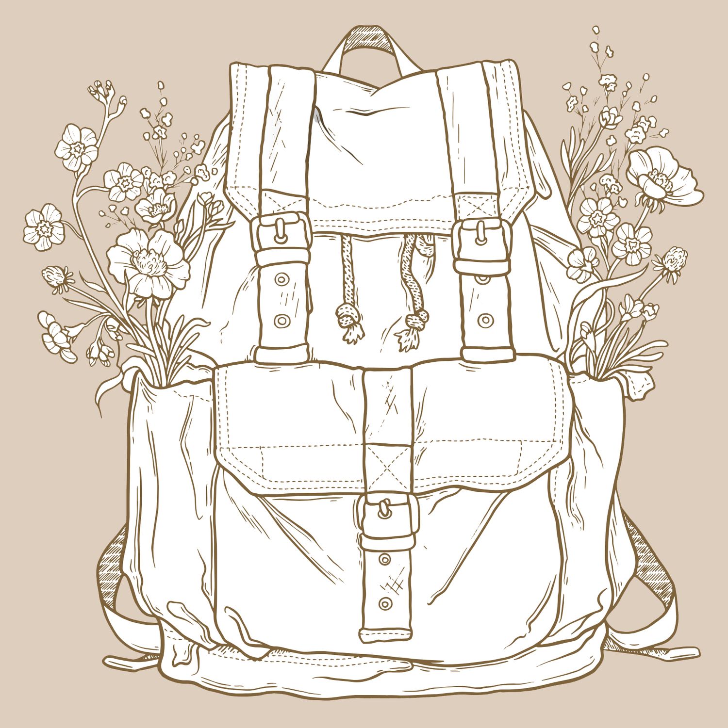 Detailed line drawing of a rustic backpack with buckles and floral accents.