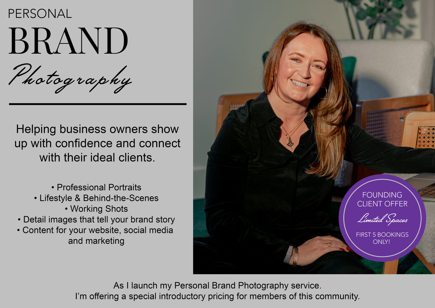 Professional personal brand photography promotional flyer featuring a confident woman in black against a neutral studio background.