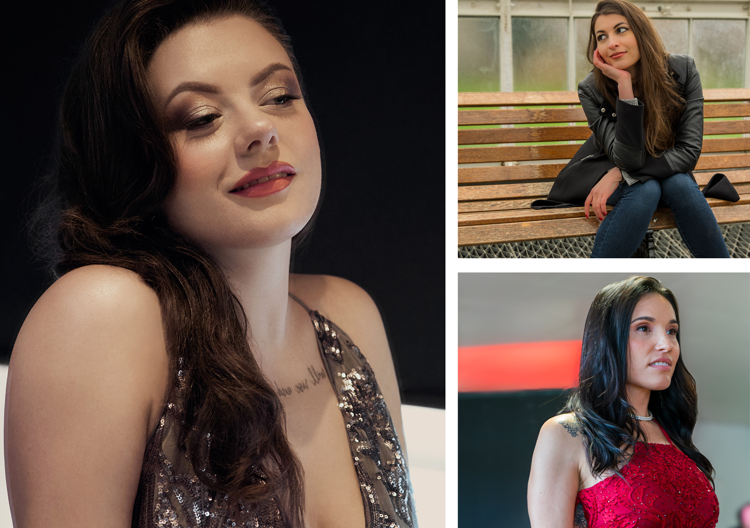 A collage of three photos featuring young brunette women posing outdoors and indoors in stylish outfits.