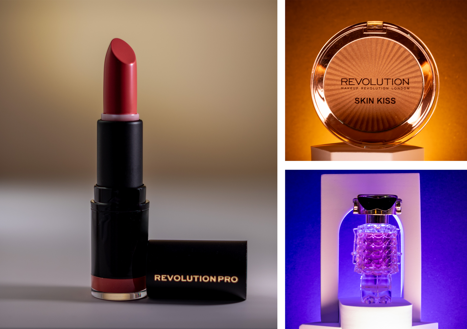 Revolution Pro red lipstick, Skin Kiss bronzer compact, and purple glitter perfume bottle beauty product collection.