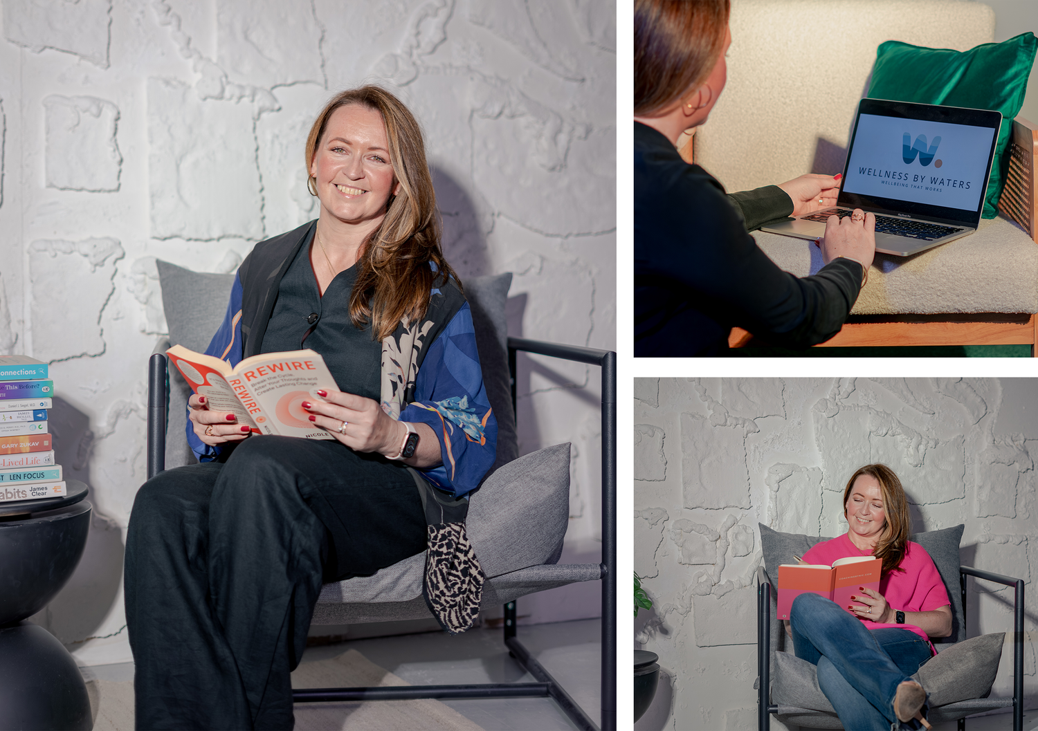 Woman smiling reading a book in a modern chair, person using a laptop, and a girl reading a pink book in a cozy chair.