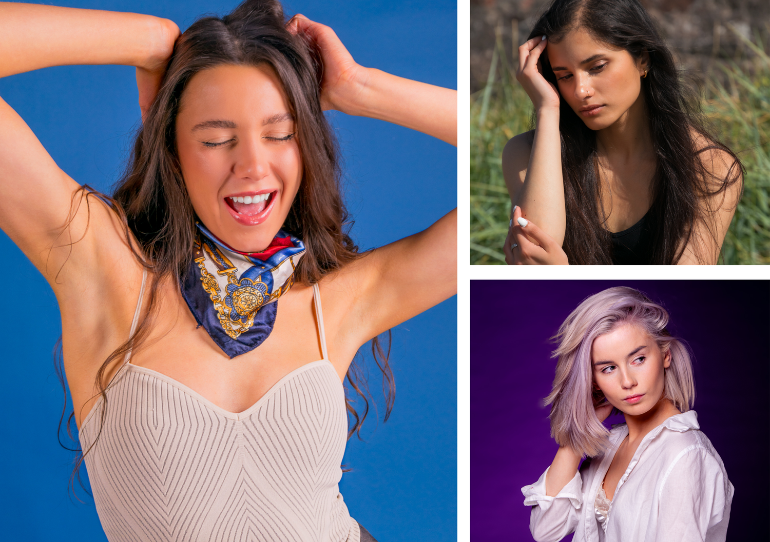 Collage of three women: one in a white top with a silk scarf, one in black outdoors, one with purple hair in white shirt.