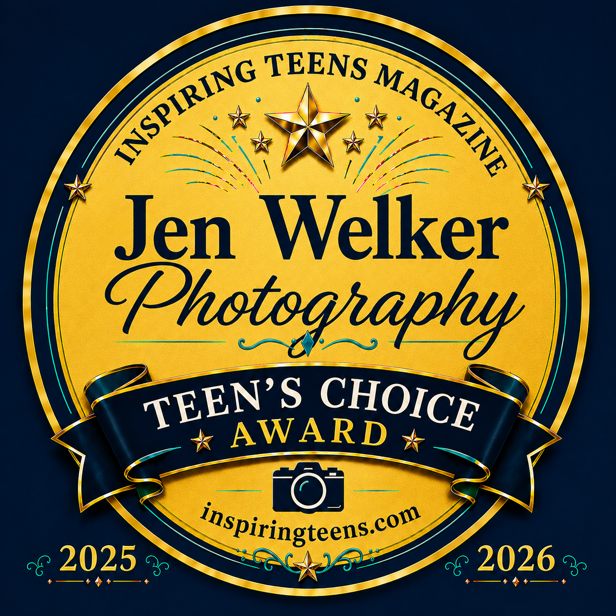 Gold Teen's Choice Award badge for Jen Welker Photography from Inspiring Teens Magazine, valid 2025-2026. Kansas City senior portraits