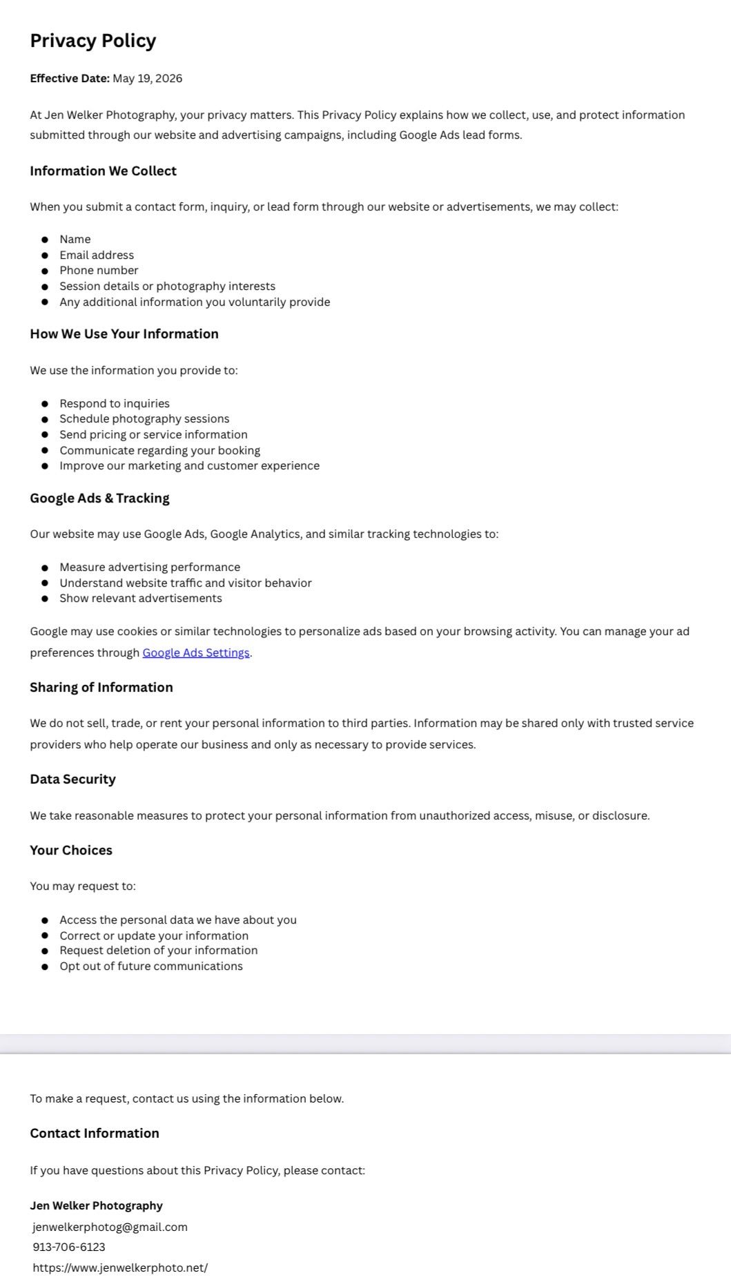 Privacy policy page for Jen Welker Photography outlining data collection, Google Ads tracking, and contact information. -Kansas City senior
