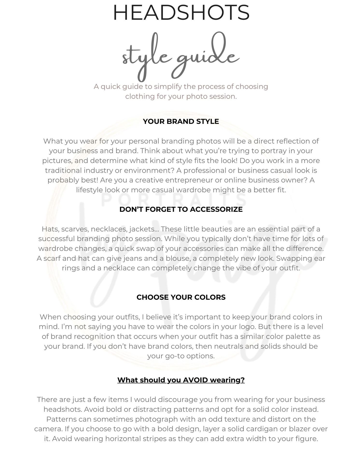 Headshot style guide with brand styling tips and color selection advice.