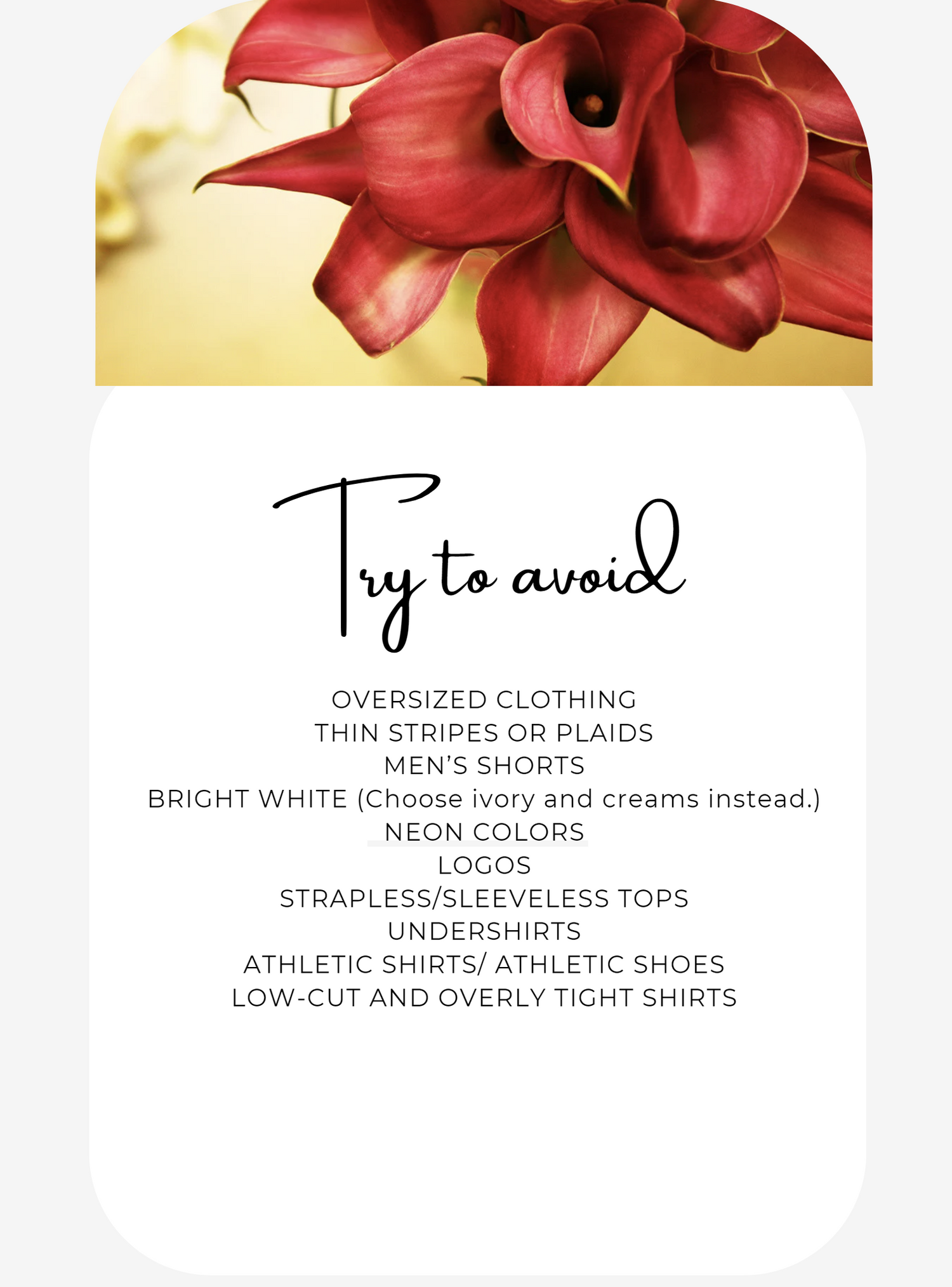 Red flower graphic with style tips listing clothing items to avoid in photos.
