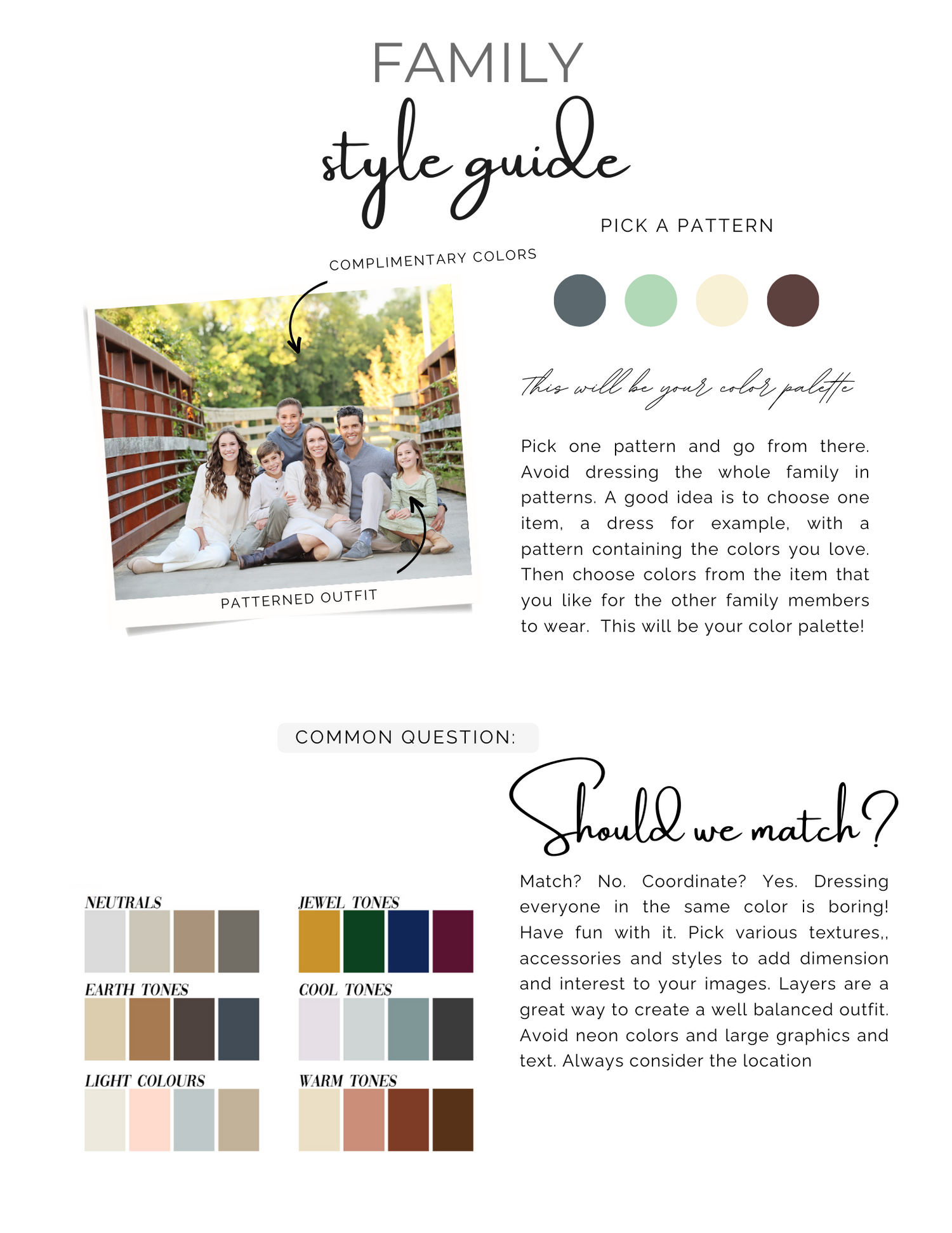 Family photo style guide with complementary color patterns and wardrobe coordination tips.
