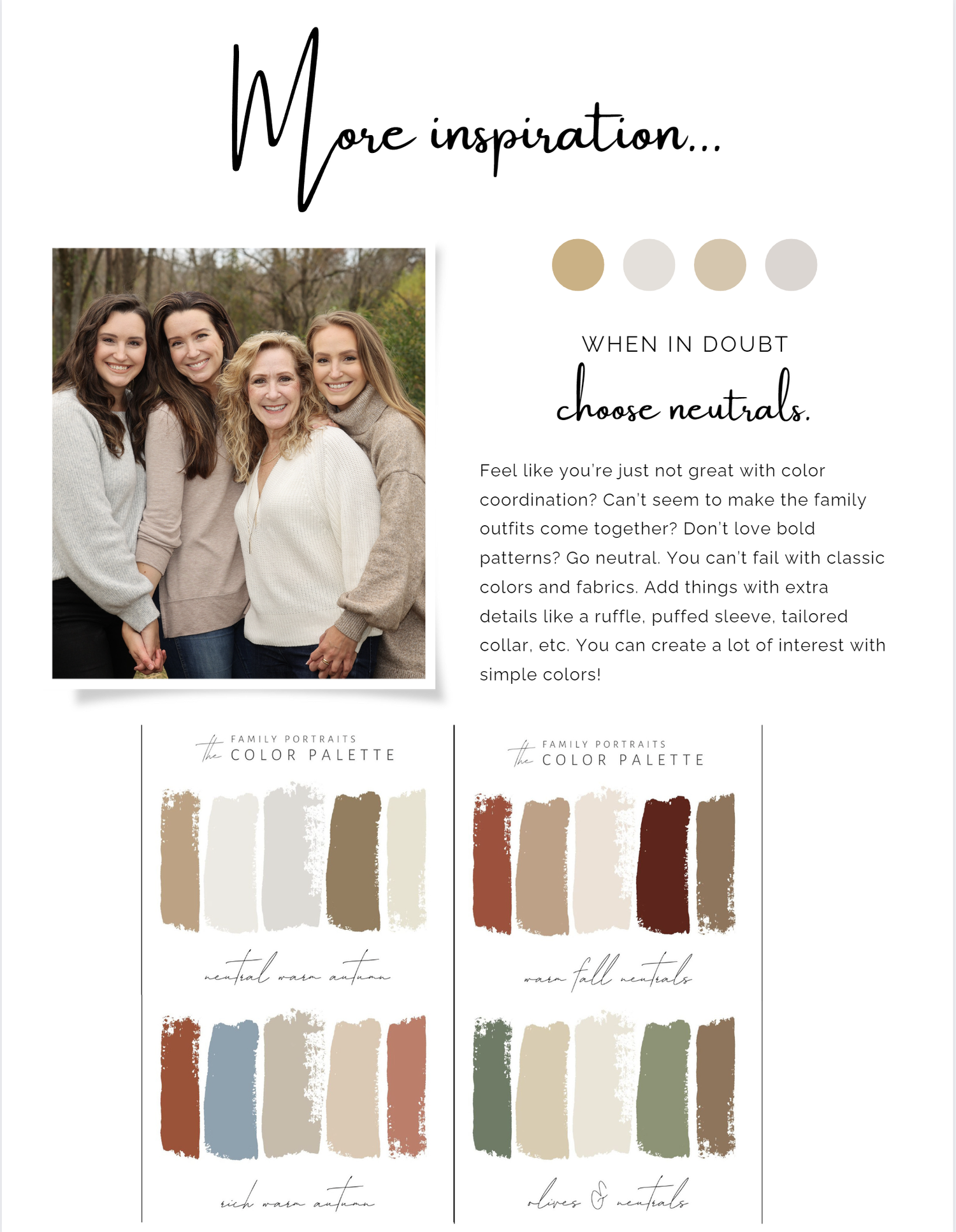 Neutral color palette inspiration board with coordinating outfit color combinations.