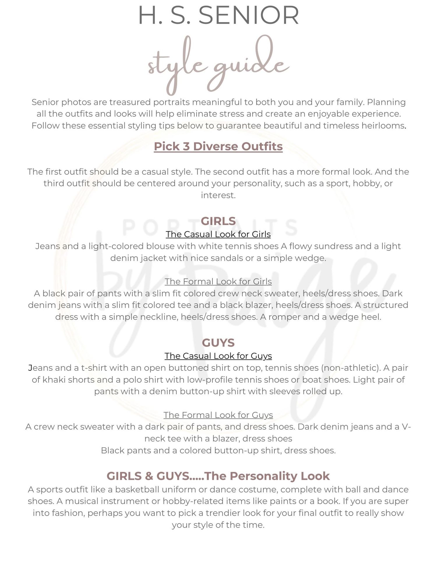 H.S. Senior style guide page with outfit recommendations and photo session tips.