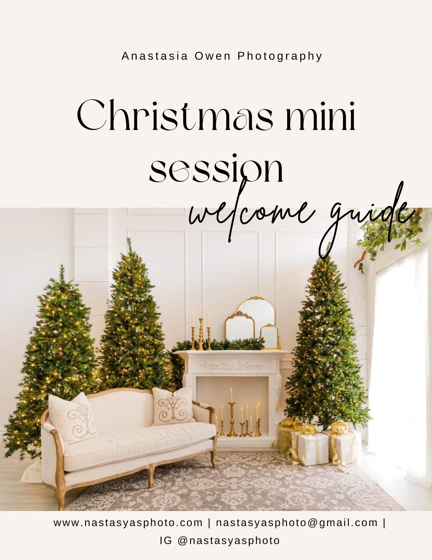 Elegant Christmas mini session setup with two tall decorated trees, vintage cream sofa, and white fireplace mantel.