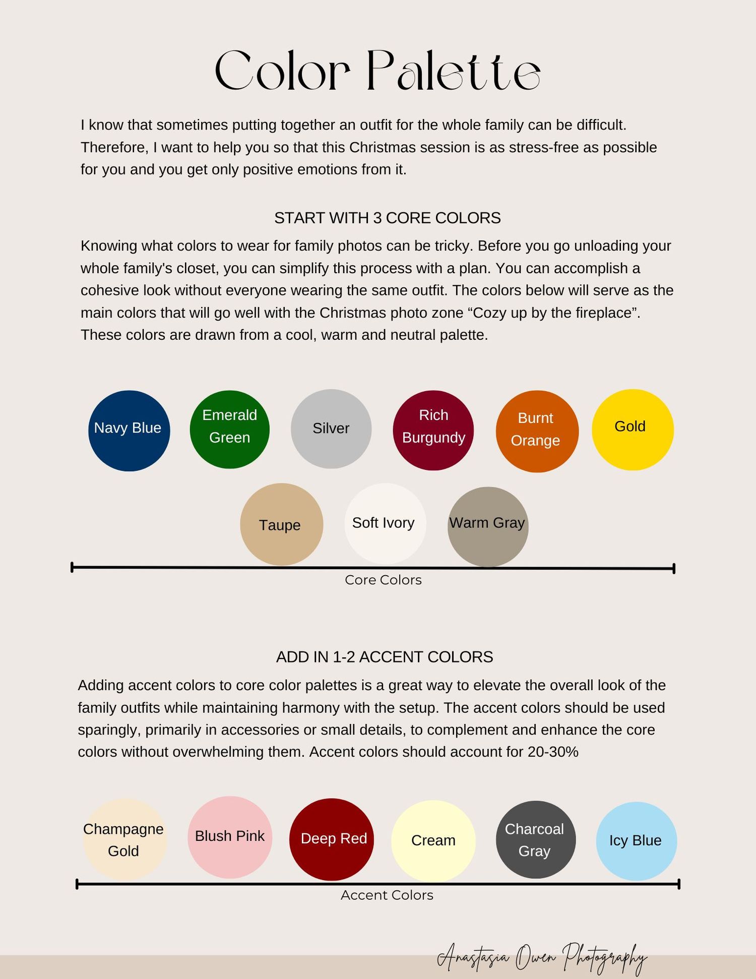 A color palette guide showing core colors in navy blue, green, silver and taupe plus accent colors like blush pink and deep red.