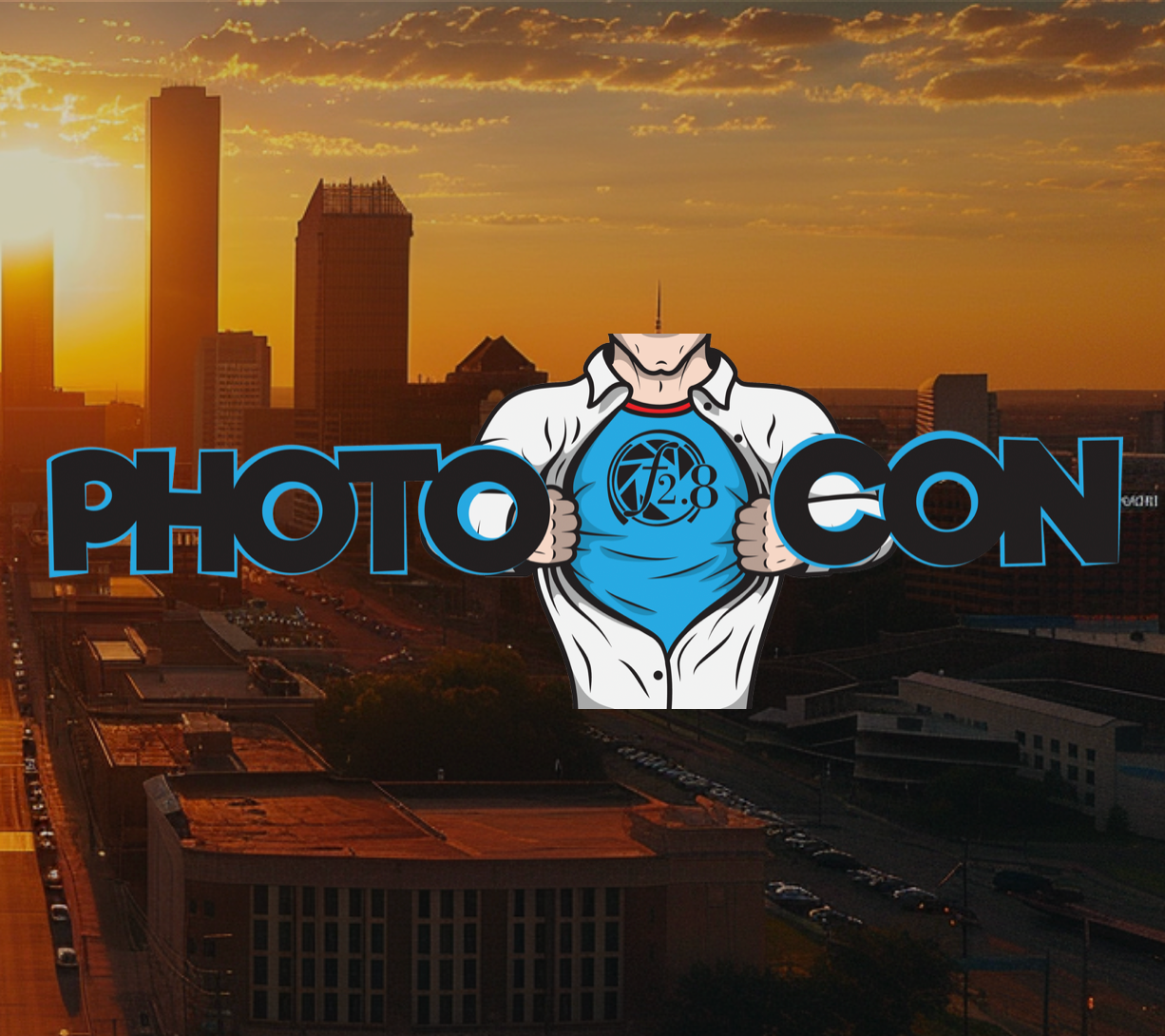 PhotoCon logo with bust of comic book super hero style opening his shirt with cityscape background
