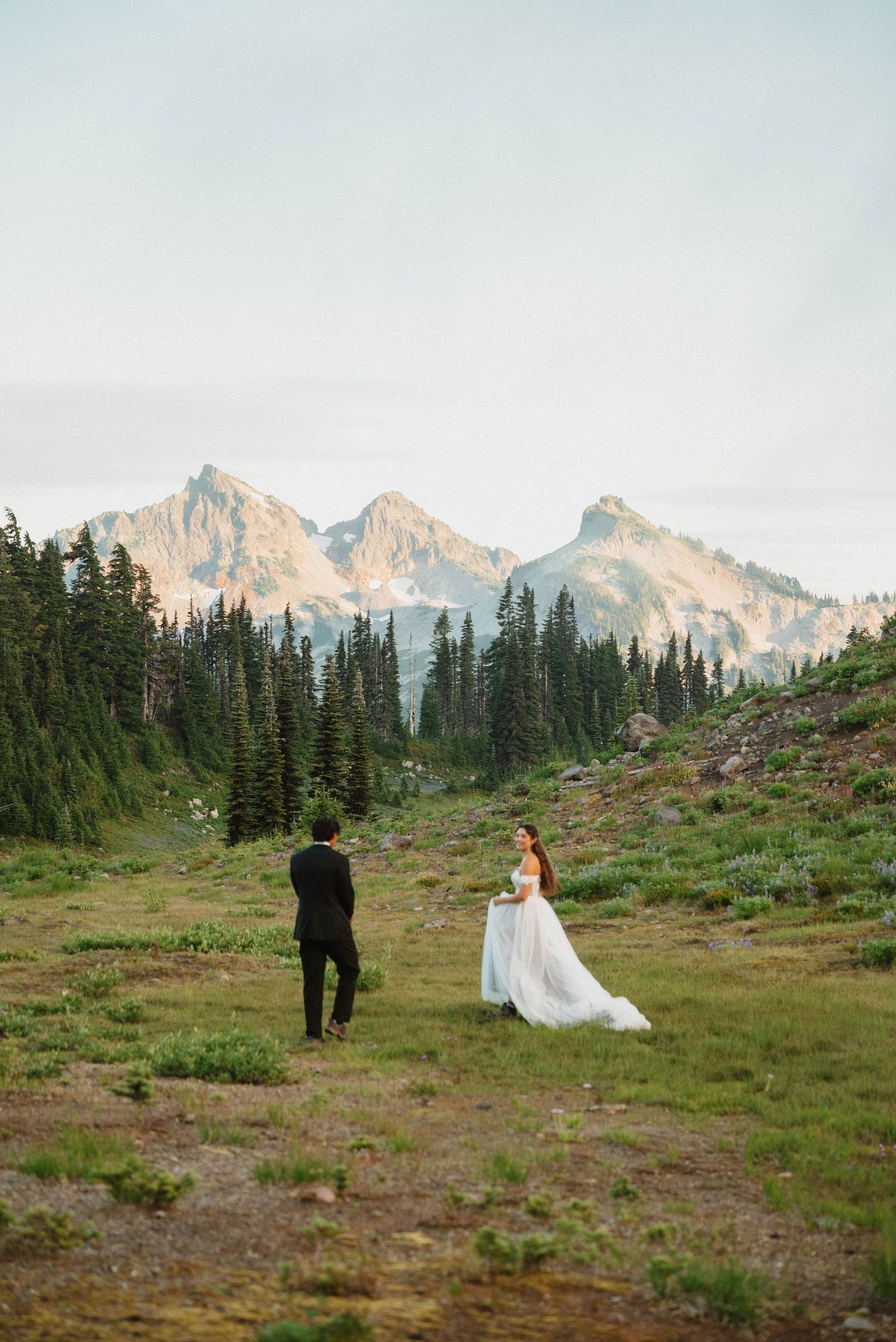 Bride and groom in front of the Tatoosh Mountain Range in Mount Rainier National Park.