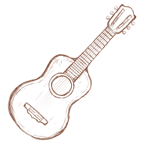 Hand-drawn sketch of an acoustic guitar in brown ink, featuring detailed strings, frets, and sound hole on white background.