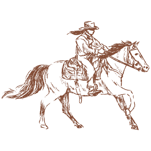 Sketch drawing of a cowboy riding a galloping horse in brown ink, western style illustration.