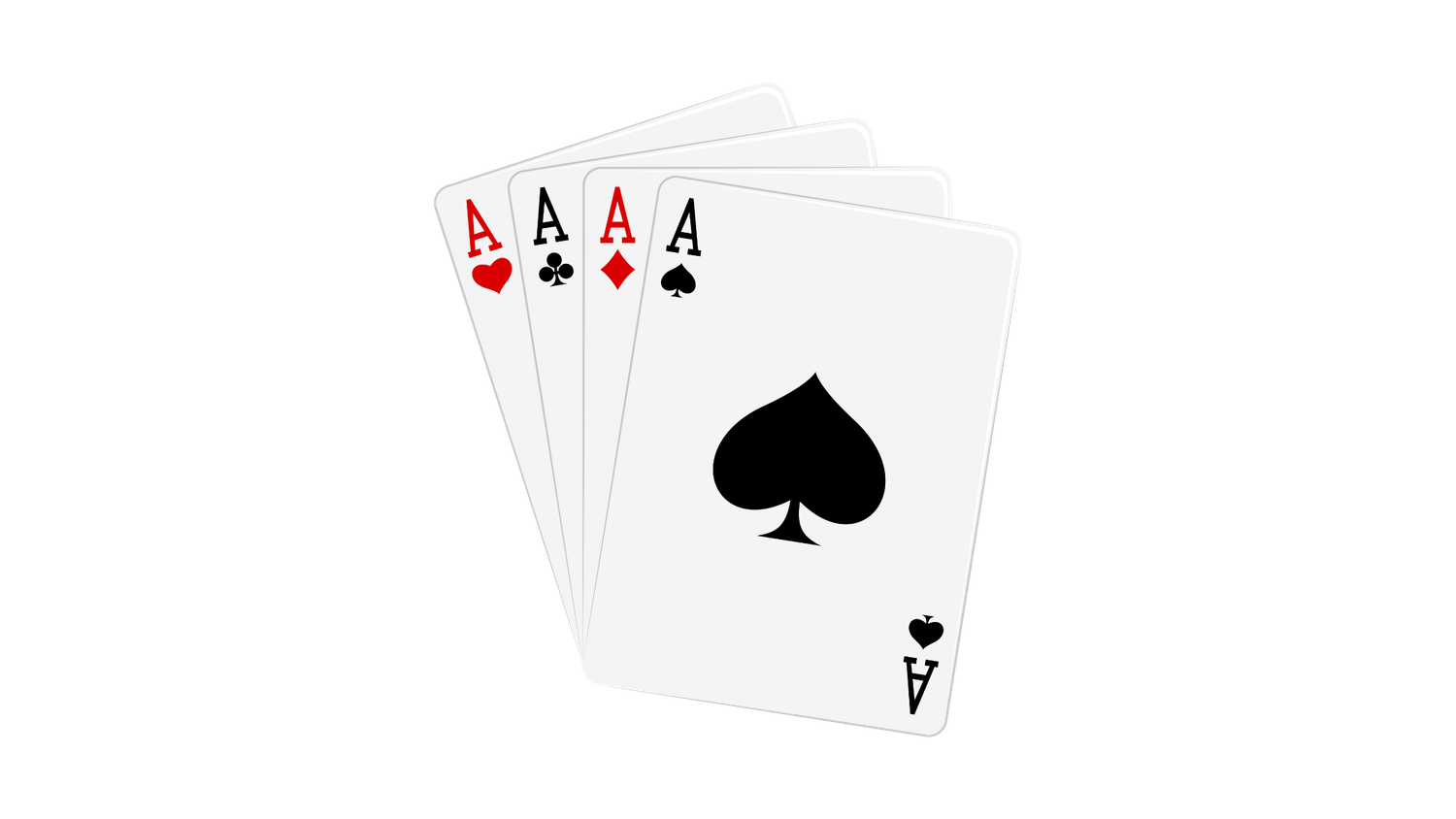 Four aces playing cards spread out on a white background showing spades, hearts, diamonds and clubs suits.