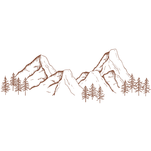 Rustic brown line art illustration of mountain peaks with pine trees, minimalist wilderness landscape sketch.