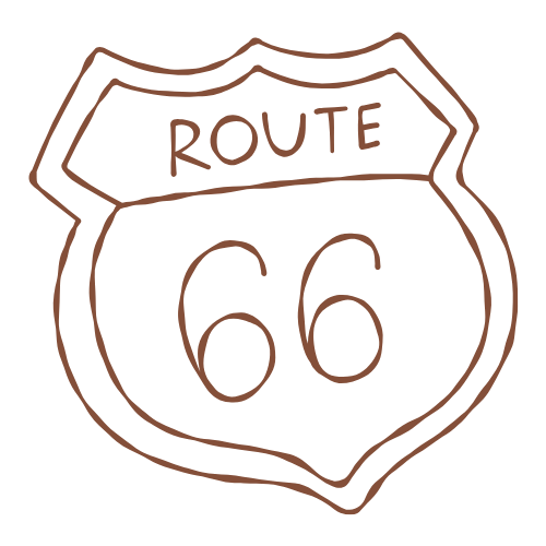 Hand-drawn Route 66 highway sign illustration in brown ink on white background.