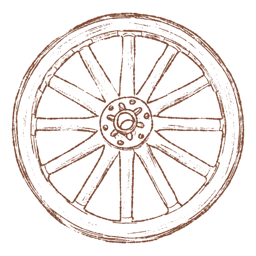 Vintage wooden wagon wheel sketch with spokes and hub, drawn in rustic brown ink style.