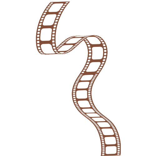 Wavy film strip illustration in brown, showing a curving cinema reel with sprocket holes on white background.