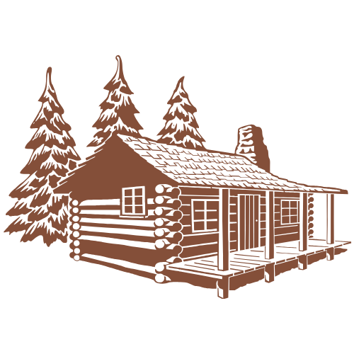 Brown illustrated log cabin with snow-dusted pine trees, rustic wooden porch, and chimney in vintage style.