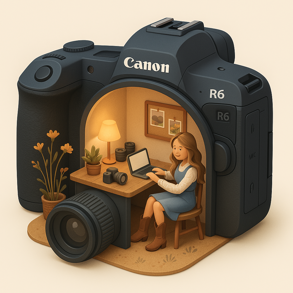 Creative artwork of a Canon R6 camera transformed into a cozy miniature room setup with warm lighting and work space.